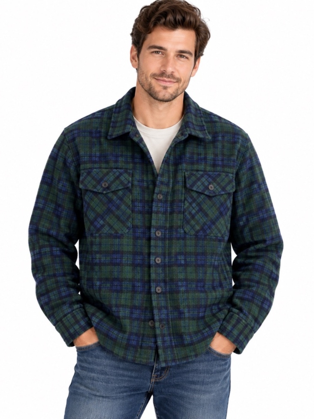 Berkley Jensen Mens L Green Blue Plaid Fleece Lined Flannel Shirt Jacket Shacket